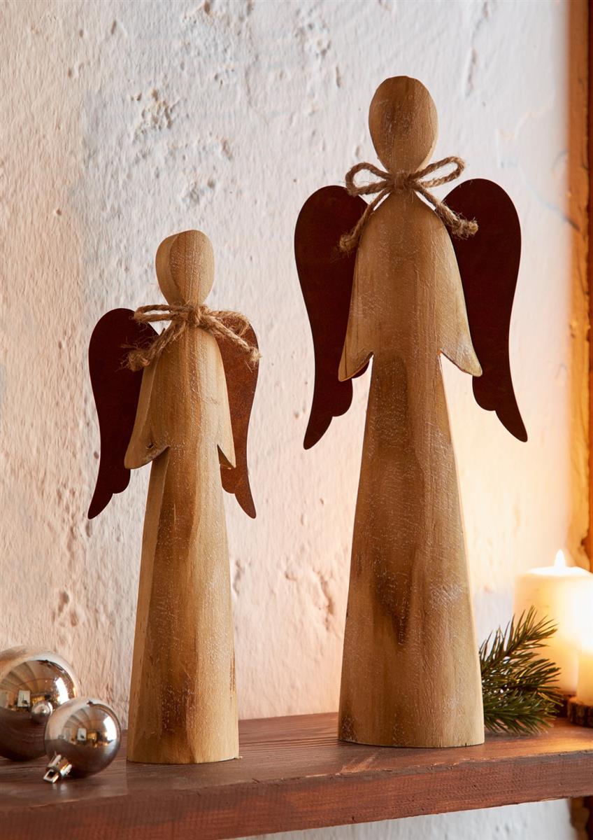 2 Deko Engel aus Holz, 28 + 38 cm hoch, Weihnachtsdeko, Dekofigur,  Weihnachtsengel