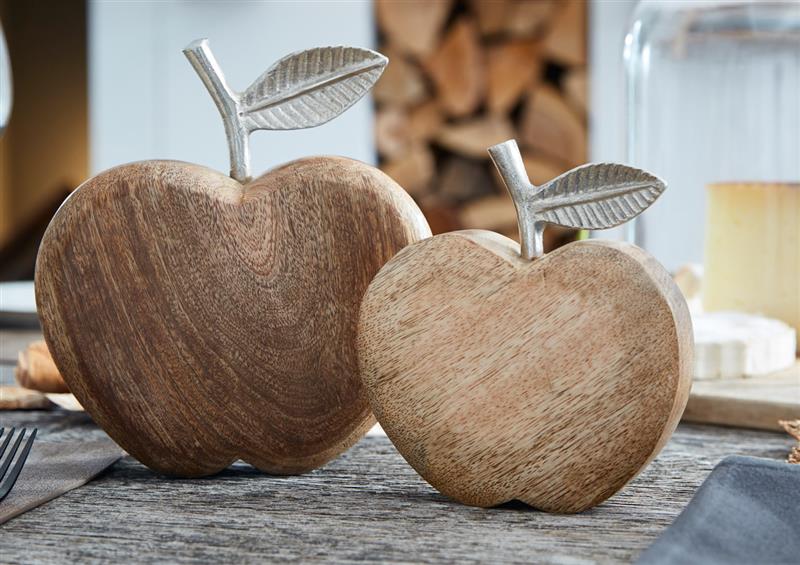 Apfel aus Mango Holz und Alu, 2er-Set, Deko Obst Herbst Silber Figur