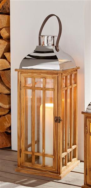 Laterne 'Wood', 60 cm groß, Windlicht aus Holz mit Glas, Henkel und Metalldach