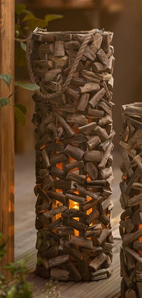Windlichtsäule 'Treibholz' aus Holz & Glas 79 cm hoch, Bodenwindlicht, Dekosäule