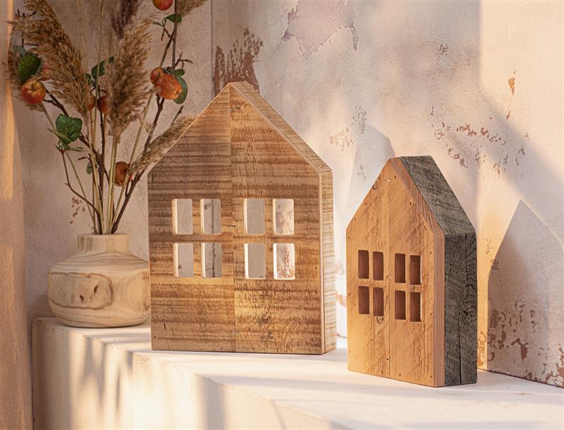 Holzdeko, Holzhaus, 2er Set Dekohäuschen aus recyceltem Holz