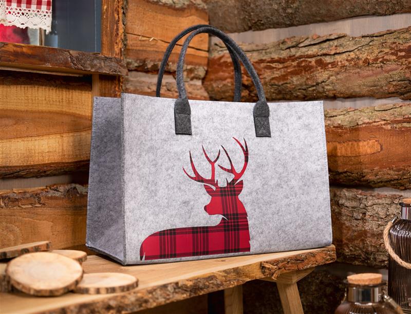 Filztasche "Hirsch" grau mit rot-schwarz kariertem Motiv, Einkaufstasche, Shopper