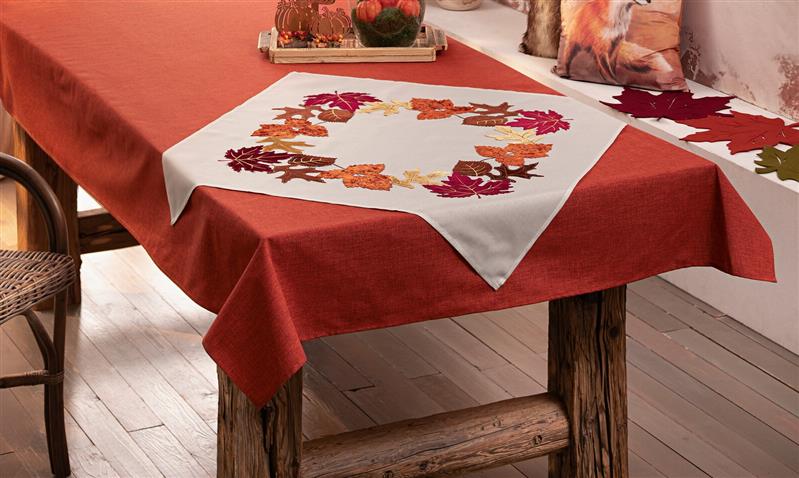 Tischdecke "Herbstblätter" beige mit samtigen bunten Blättern, 85x85 cm, Tischtuch, Tischwäsche