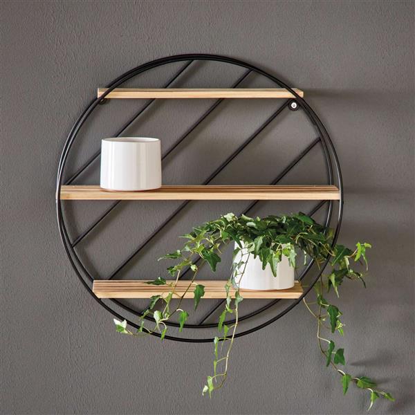 Metall Wandregal Hängeregal rund, schwarz, 3 Holz Böden, Deko Wand Regal Ø 40 cm