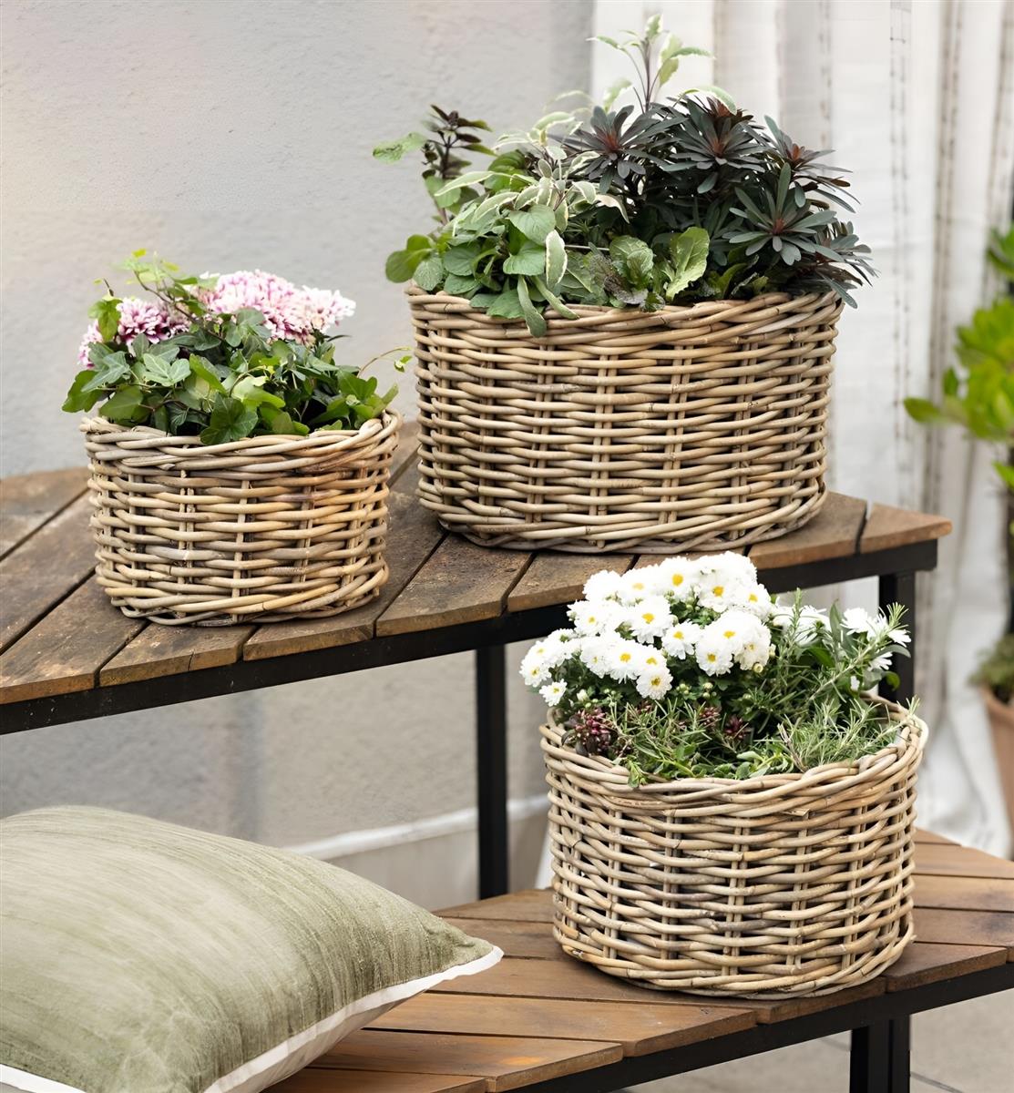 3x Pflanzkorb "Koboo Grey" aus Rattan,  26, 32, 40 cm, Blumentopf,  Pflanzkbel, Pflanztopf fr Drauen, Blumenkbel