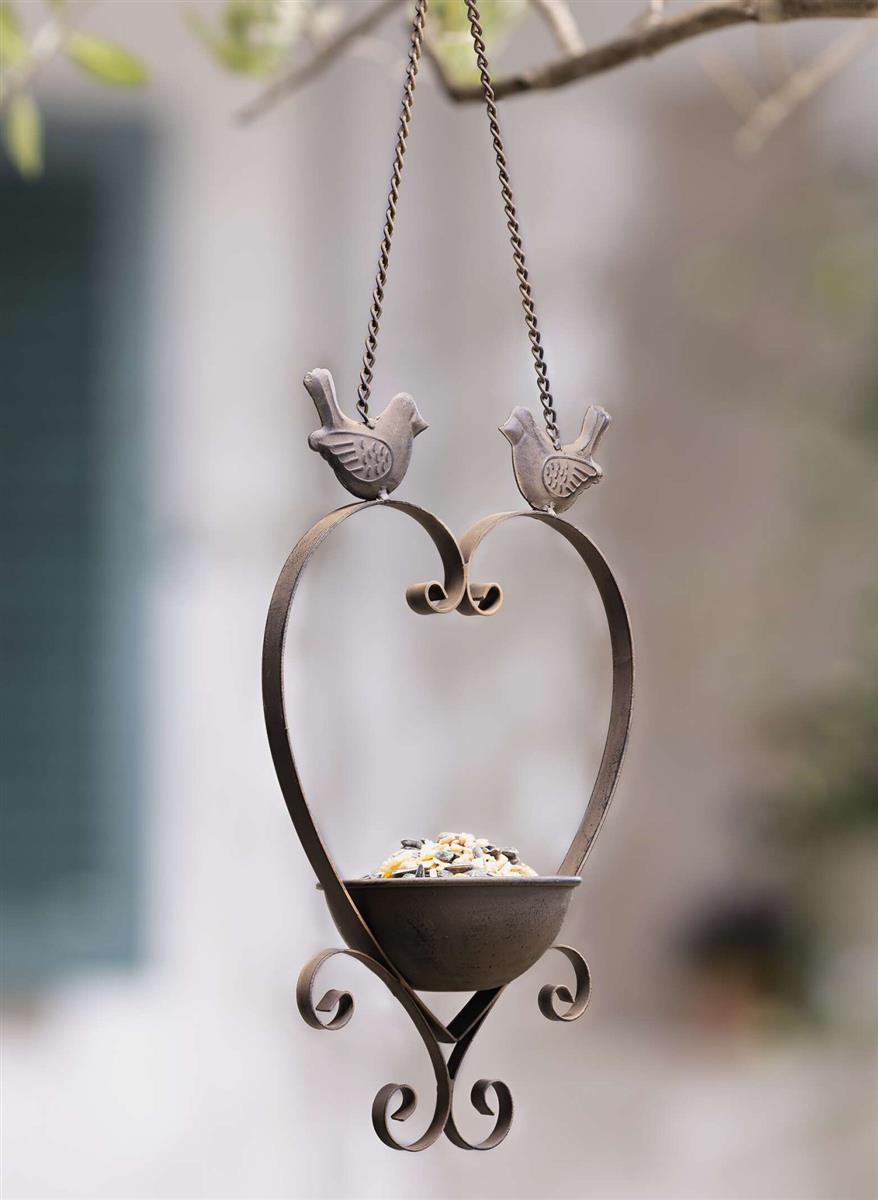 Vogelfutterstation "Herz" aus Metall in Antik Optik, Vogelfutterhaus hngend  mit Kette, Vogeltrnke fr Balkon & Garten, winterfest