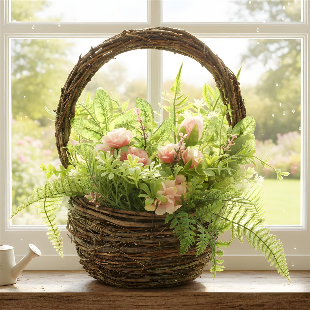 Blumenkorb "Frhling" aus Zweigen mit Kunstblumen & Kunstpflanzen, wie  echt, 34 cm hoch, Dekokorb, knstliche Blumen im Korb