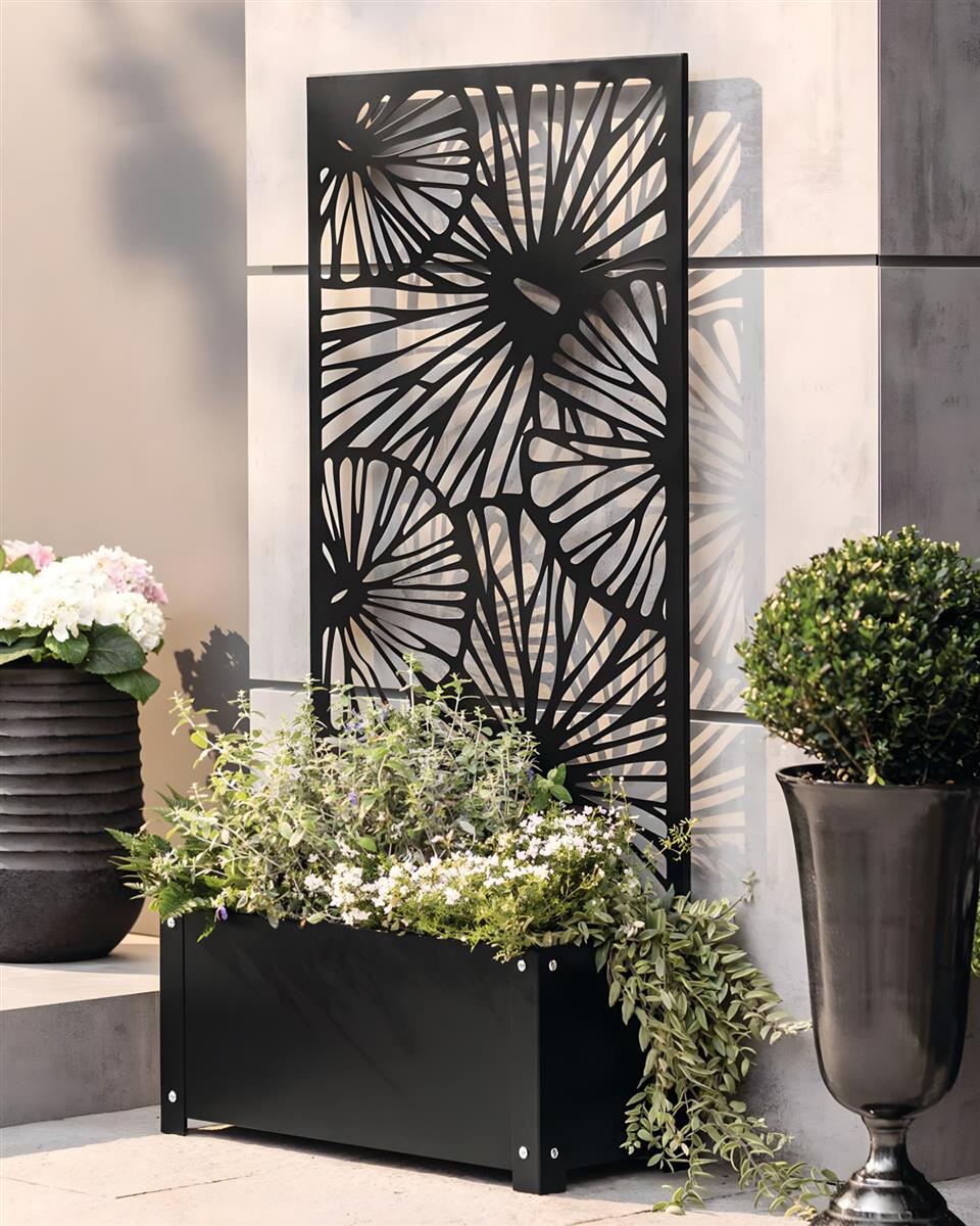 Pflanzkasten mit Rankgitter aus Metall, schwarz, 60x24x24 cm, mit Rankhilfe  122 cm hoch, Blumenkasten mit Spalier, Hochbeet mit Sichtschutz