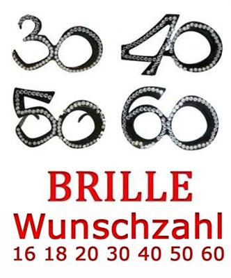 BRILLE ZAHL 30 40 50 od 60 schwarz Glitzer Steinchen Party spaß GAG 