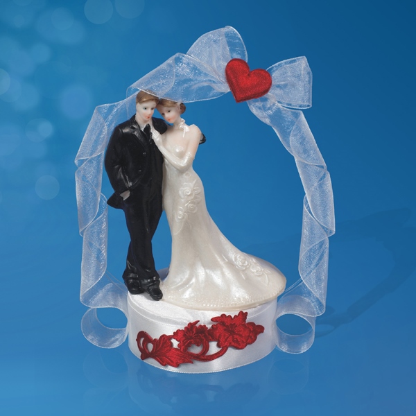 Tortenfigur 16cm Farbwahl  "Brautpaar im Tüllbogen mit Schleife und Herz" NEU 