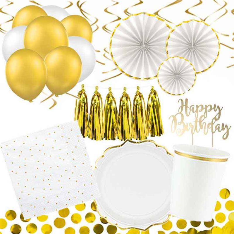 DekoGuru® Produktset (für 18 Personen): Geburtstag Set - weiß mit gold 