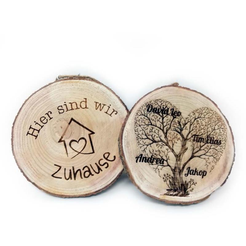 individuelles Holzschild "Hier sind wir zu Hause", Rückseite mit Namen