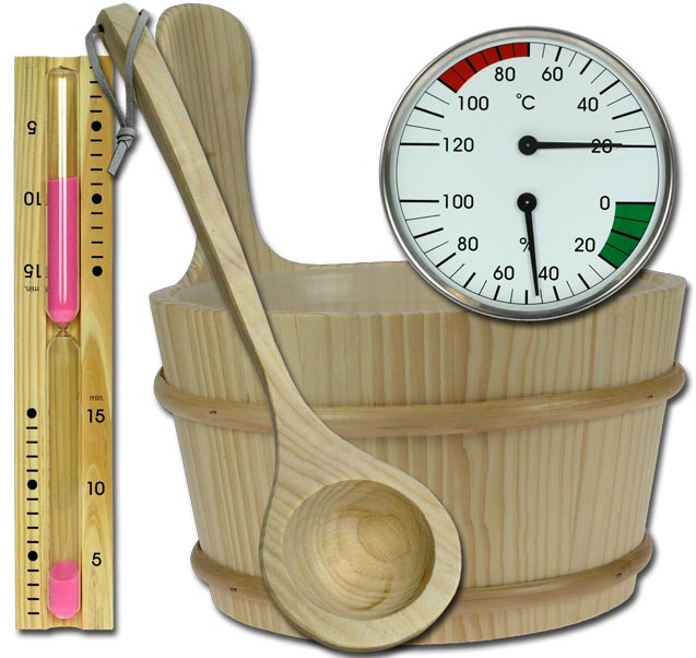 SAUNA SET 5tlg Kübel Kelle Sanduhr Thermometer Saunakübel Hygrometer 9991