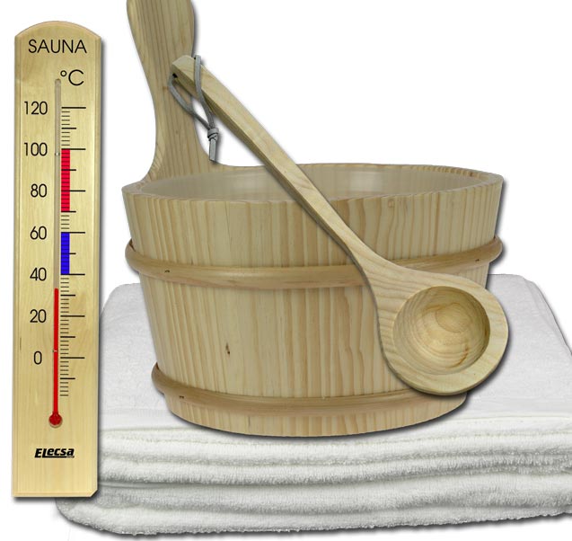 SAUNA SET Handtuch 5tlg Kübel Thermometer Saunakübel 9994