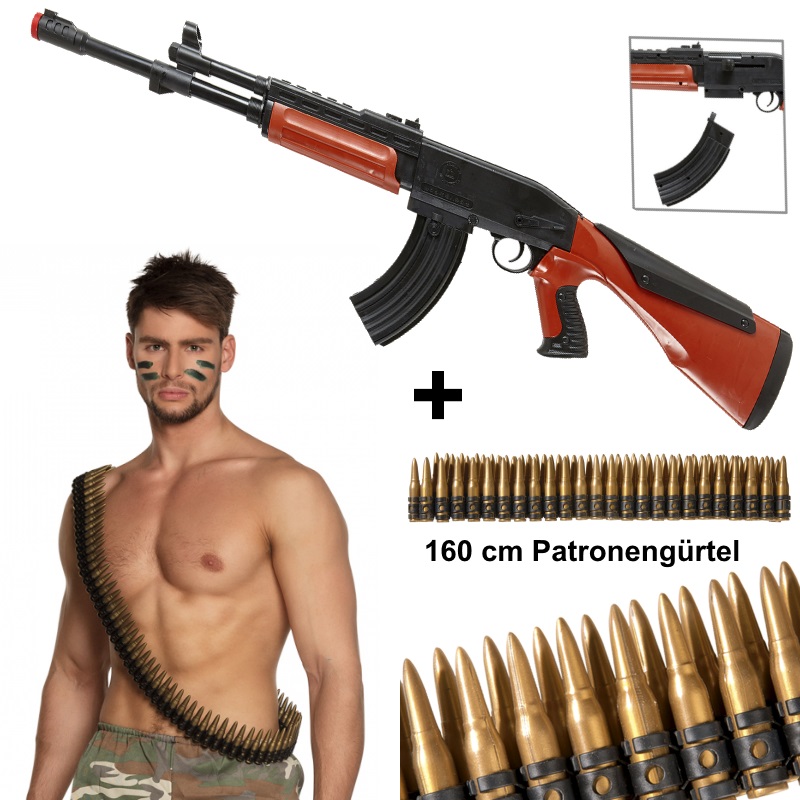 Kalashnikov Gewehr + 160 cm Munitionsgürtel Patronengürtel Rambo