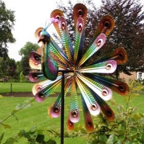 Windspiel Windrad Pfau Metall doppelläufig Garten Deko 52 x 31,8 x