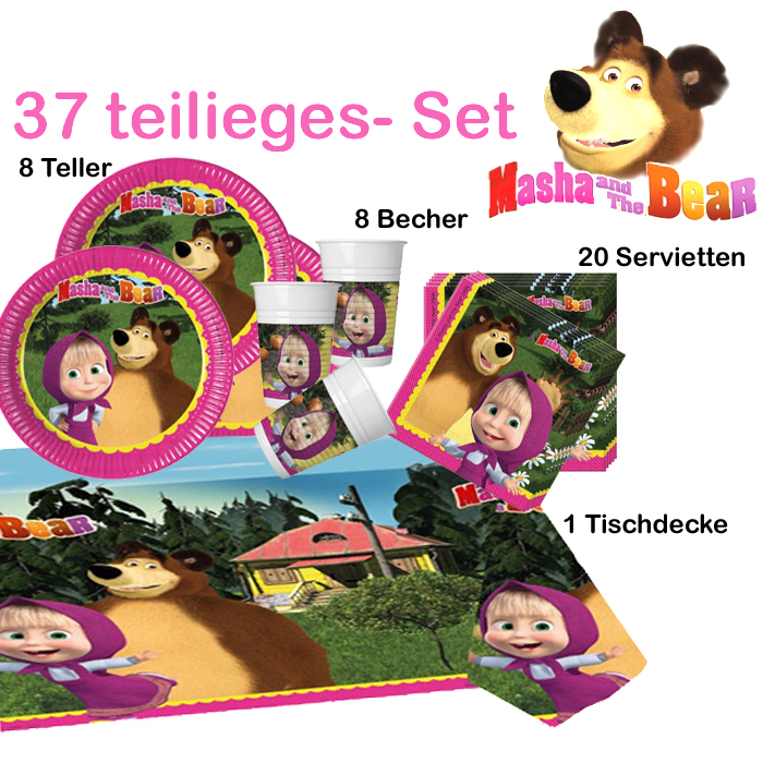 MASCHA und der BÄR KINDER Geburtstag Set 16 Teller 16 Becher 20 Servietten