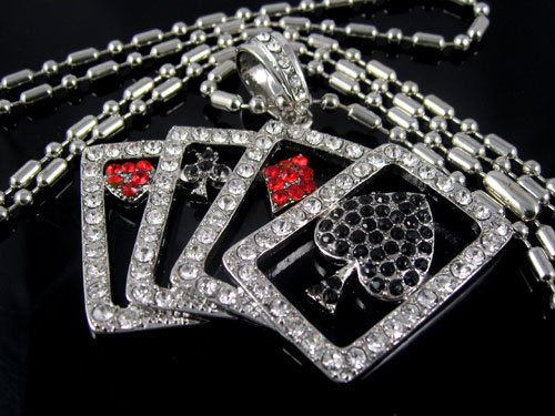 HIP HOP KETTE POKER KARTEN SILBER MIT STRASS NEU & OVP  