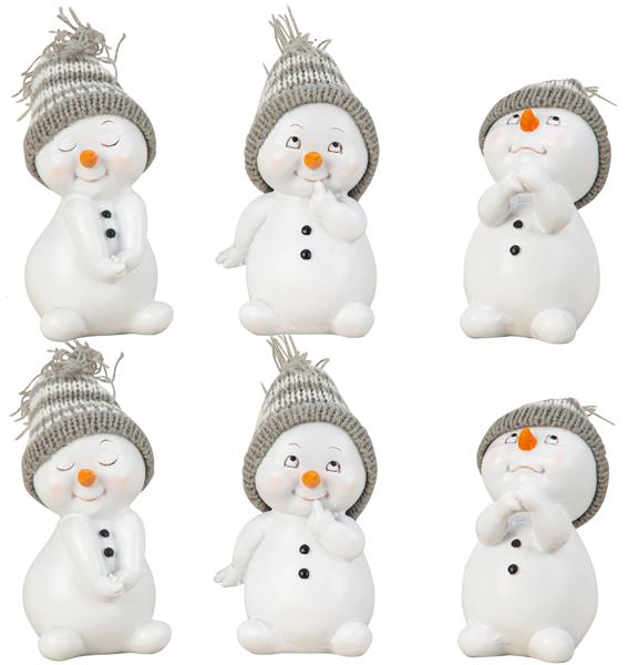 6 Stück Schneemann Figur graue Mütze 12cm Weihnachten Deko Dekofigur Winterdeko