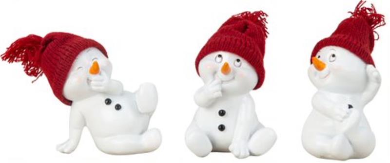 3 Stück Schneemann Figuren rot sitzend 11,5cm Weihnachten Dekofigur Winterdeko