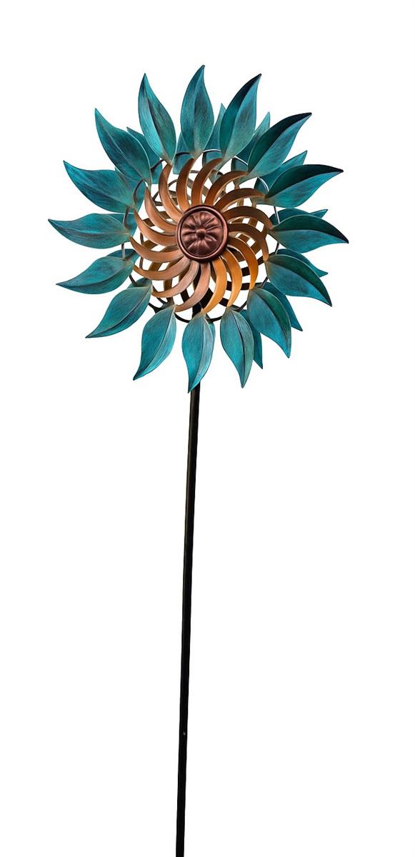 Windrad Metall Blume Türkis Gold Gartenstecker 122cm Garten Dekoration Deko