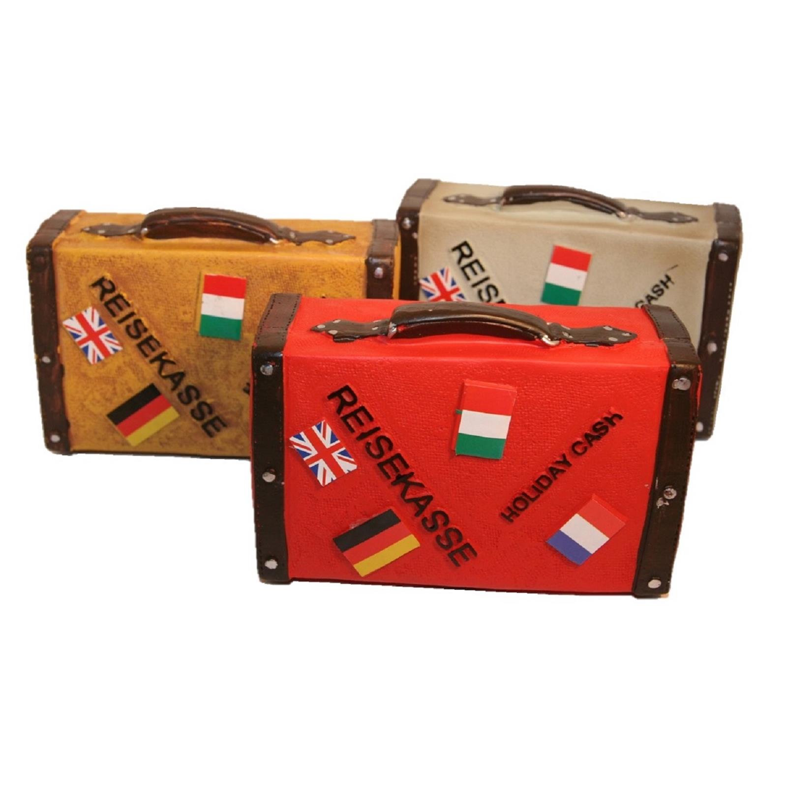 Spardose Koffer in Grau Reisekoffer mit Länderstickern 14 x 11,5 x 5,5 cm Urlaub 