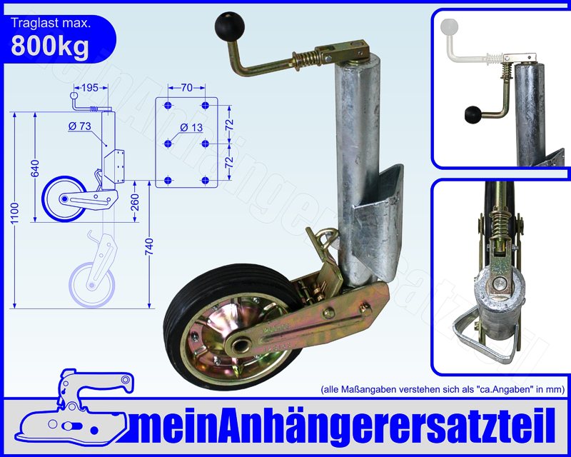 AL-KO Stützrad ø73.5mm rund, Stützschuh halbautomatisch, Kurbel klappbar,  1250408, für Wohnwagen, PKW-Anhänger, Maschinen für die Bauindustrie