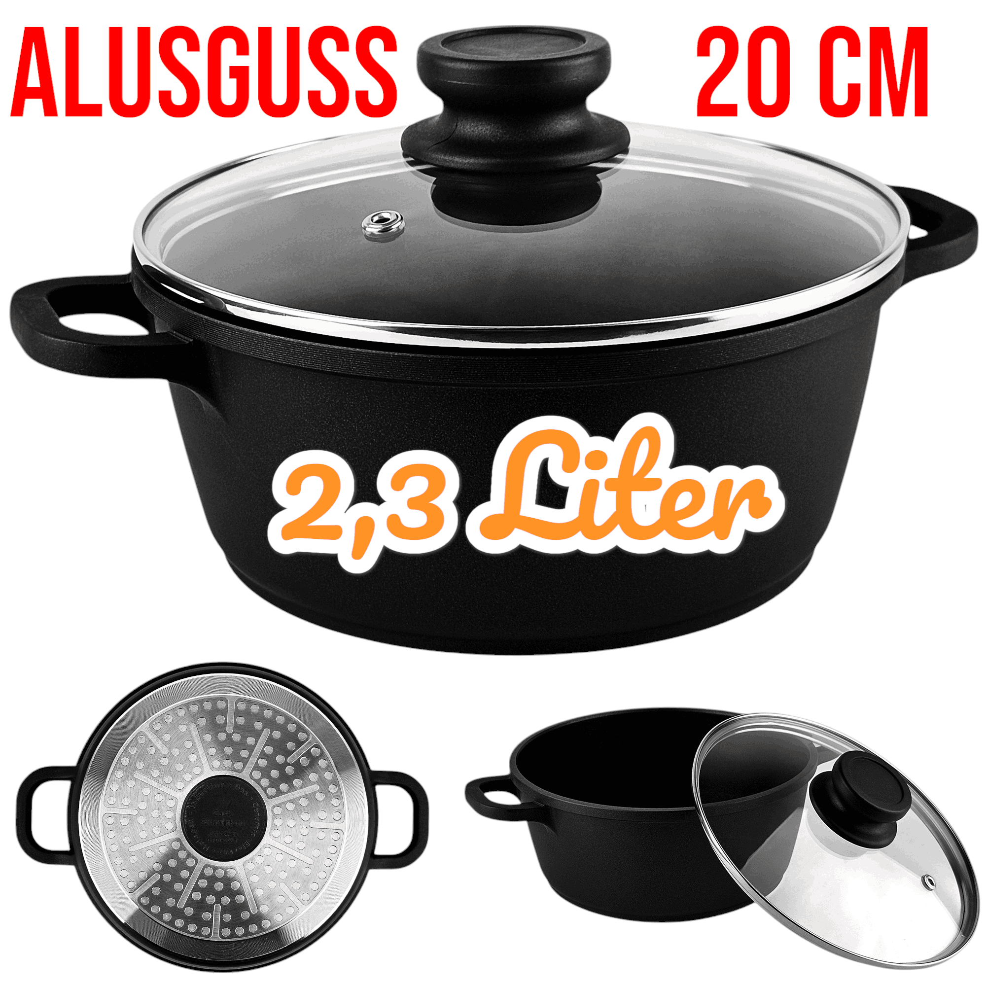 Kochtopf Stielkasserolle Aluguss Guss Töpfe Induktion Keramik Glasdeckel Deckel