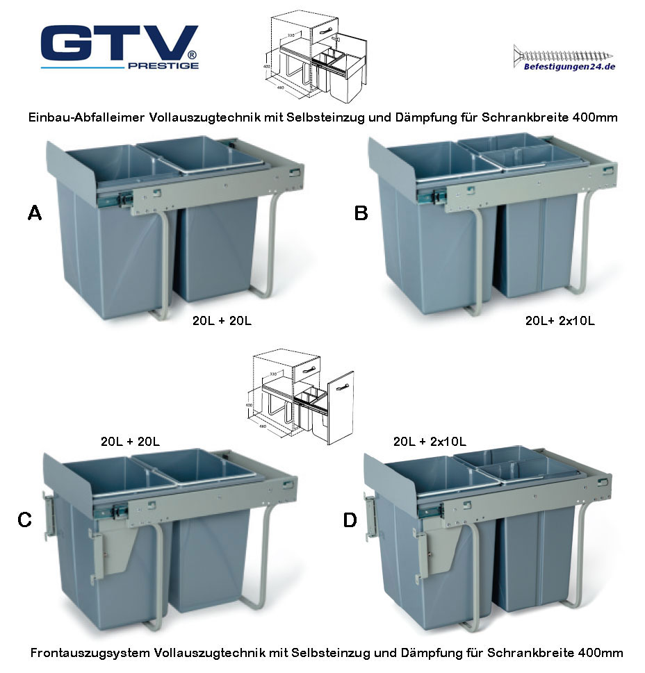 Mülltrennsystem 2x20 L für 400mm Schrankbreite ohne Frontauszugsystem