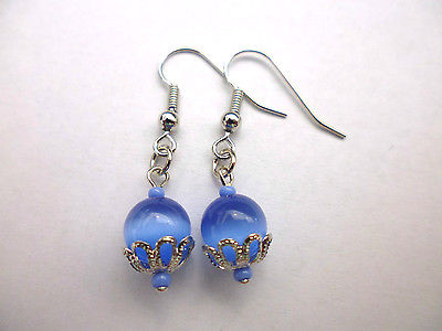 1 Paar Ohrringe blau mit Perlkappe silber Katzenauge 8 mm