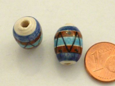2 Stück Peruperle Oval ca 10x13 mm braun blau schwarz Keramik mit Muster