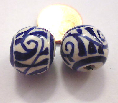 1 Stück Peruperle Kugel ca 12 mm blau weiß Keramik mit Muster