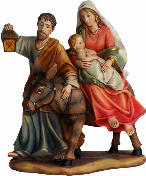 Krippenfigur Krippenblock Die Heilige Familie auf der Flucht mit Esel 
