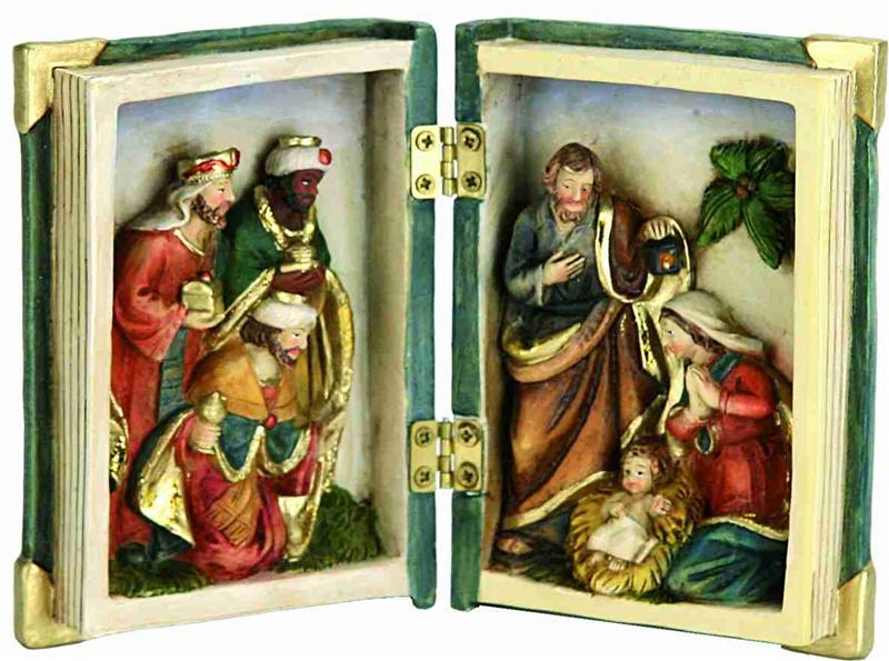 Krippenfiguren Heilige Familie mit den Hlg.drei Königen in einem Buch 
