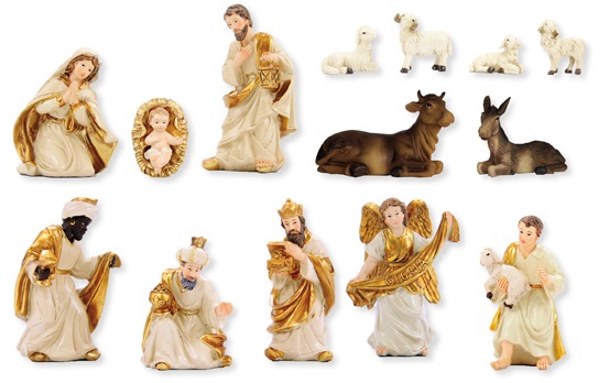 Weihnachtsfiguren Krippenfiguren Set in Creme/Gold 15teilig Größe 9cm 