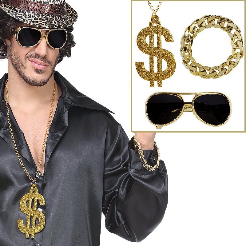 3-tlg Rapper Set Lude Macho Babo Prolethen HipHop Brille Dollarkette Armband