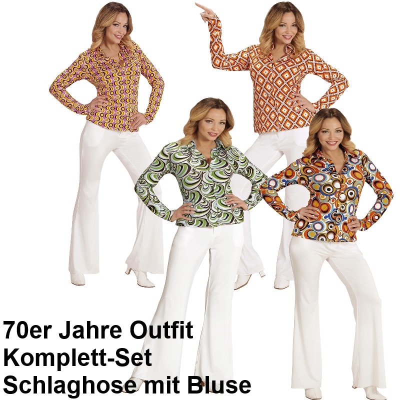 70er Jahre Damen Schlaghose Weiss Bluse Bunt Kostum Disco Hippie Schlager Motto Ebay