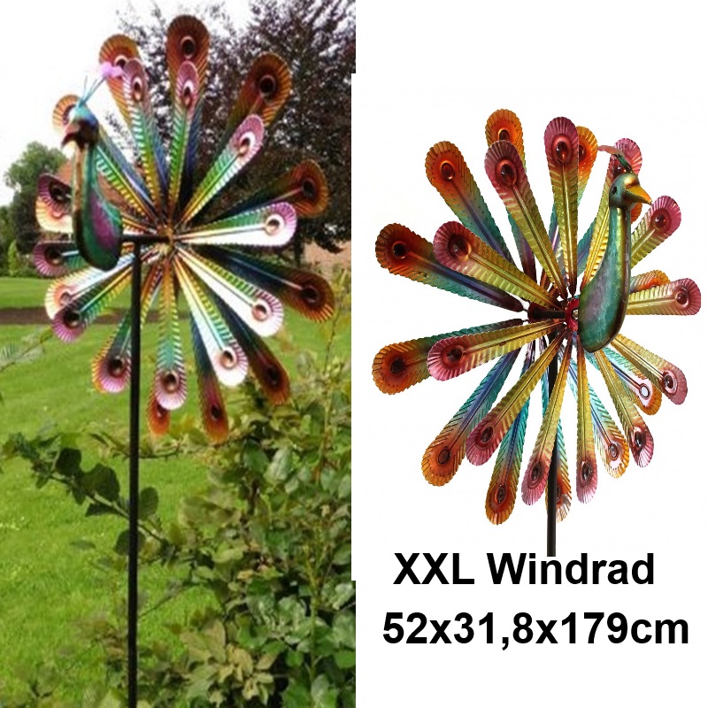 XXL WINDRAD Windspiel " PFAU " 52 x 31,8 x 179 cm Metall Garten Deko