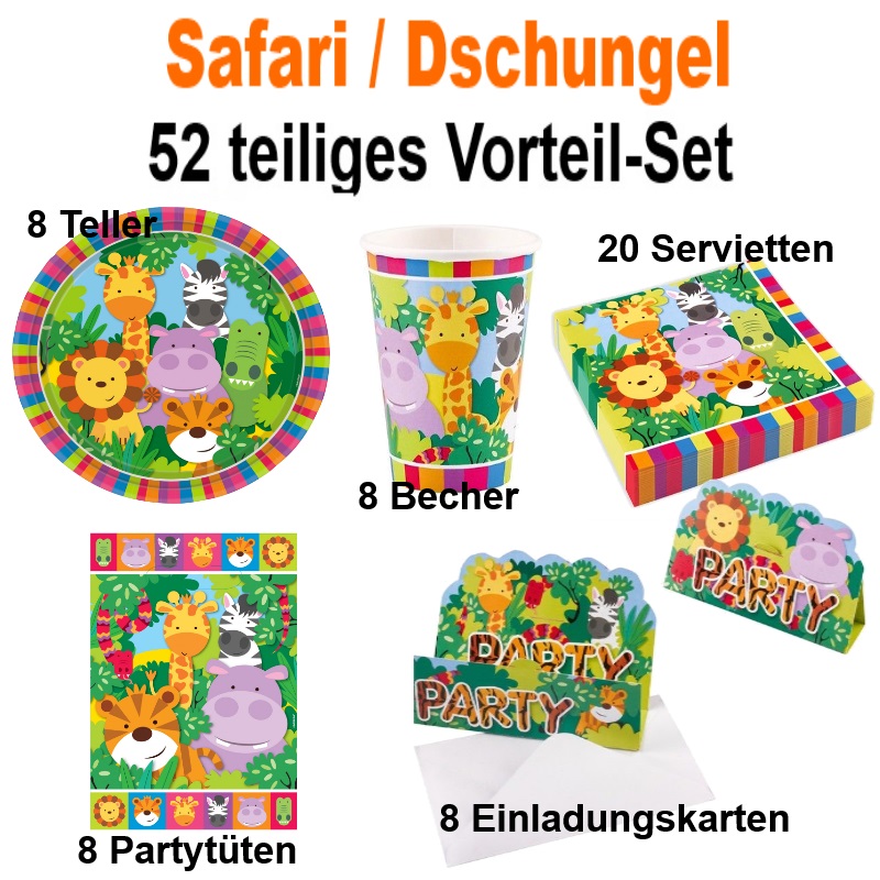 Vorteil-Set SAFARI TIERE Dschungel Jungel Kinder Geburtstag Party Deko 52 tlg