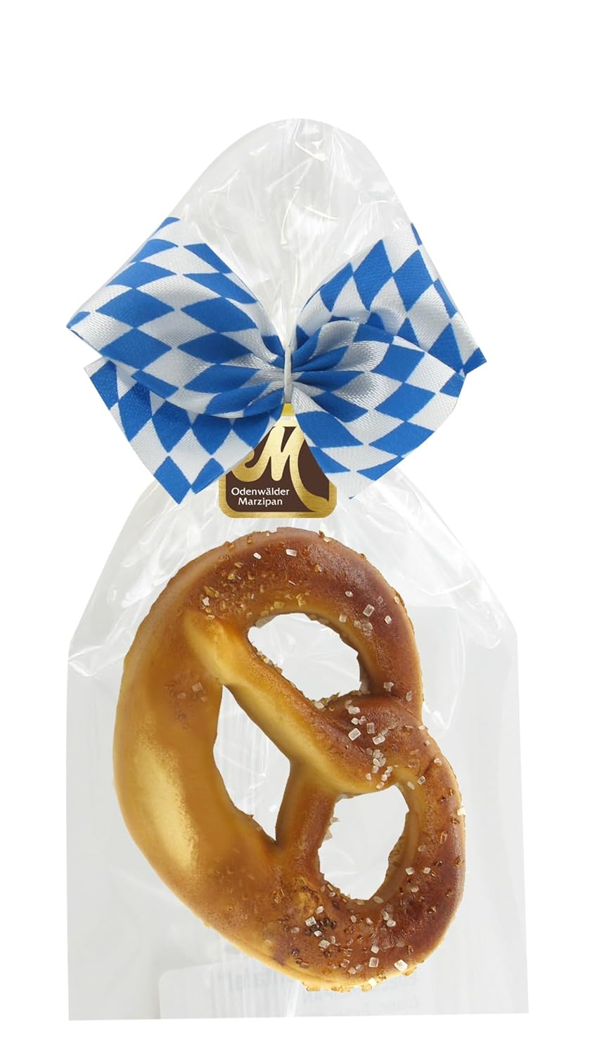 Odenwälder Marzipan Brezel mit blau weißer bayrischer Schleife 100g