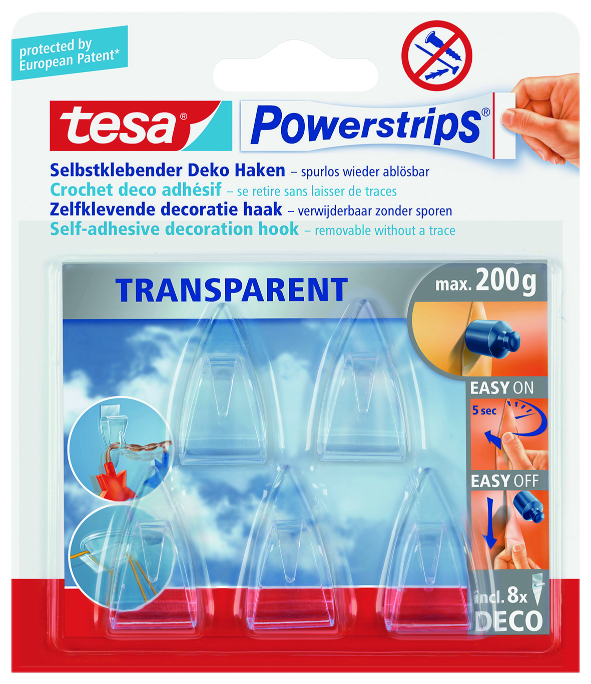 tesa Powerstrips® Transparent Deko Haken Dekoration bis zu 200 g ohne bohren