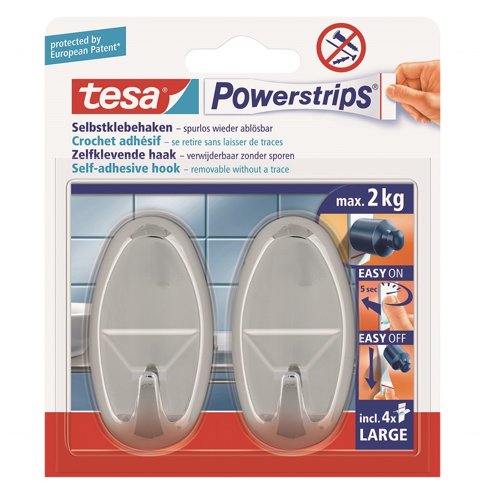 tesa Powerstrips® Haken Large Oval in chrom Gegenstände bis 2 kg Selbstklebend