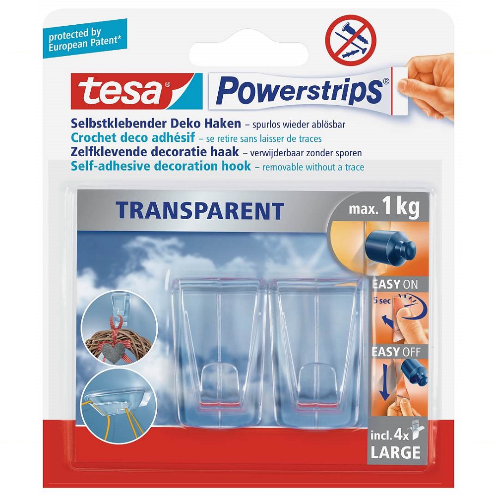 tesa Powerstrips® Transparent Deko Haken XL Dekoration bis zu 1 kg ohne bohren