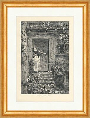 Herbststurm R. Pötzelberger Treppe Haus Laub Blatt Tür Holzstich A 1743 Gerahmt