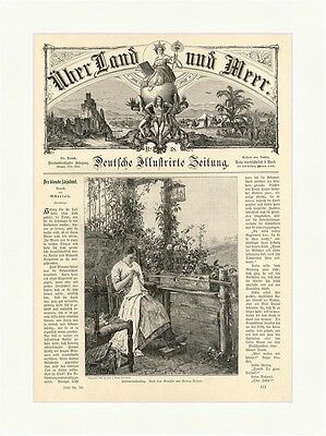 Sommernachmittag Holzstich Ritter Frau Mädchen Nähen Garten Laterne  E 1890