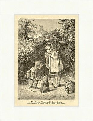 Die Entdeckung Holzstich Socken Hund Kinder Puppenwagen Garten Mädchen E 1950