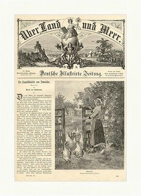 Gänseliesel Holzstich Bavon Mädchen Frau Zaun Vögel Garten Bäume E 1882