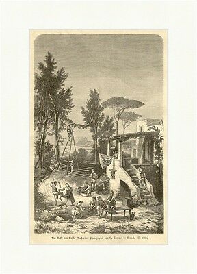 Am Golfe von Bajä Holzstich Tanzen Bäume Waschschüssel Treppe Fahne E 1880
