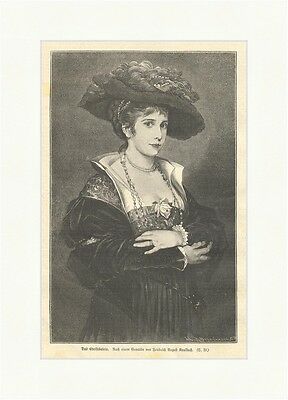 Das Edelfräulein Holzstich Kaulbach Hut Perlenkette Dame Frau Rose Ring E 1921