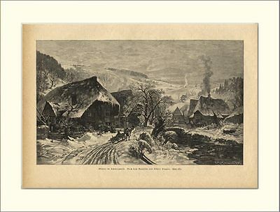 Winter im Schwarzwald Schlitten Dorf Bach Holzstich L899